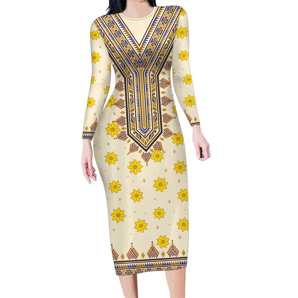Enkutatash Dashiki Adey Abeba Pattern Family Matching Long Sleeve Bodycon Dress and Hawaiian Shirt - Wonder Print Shop