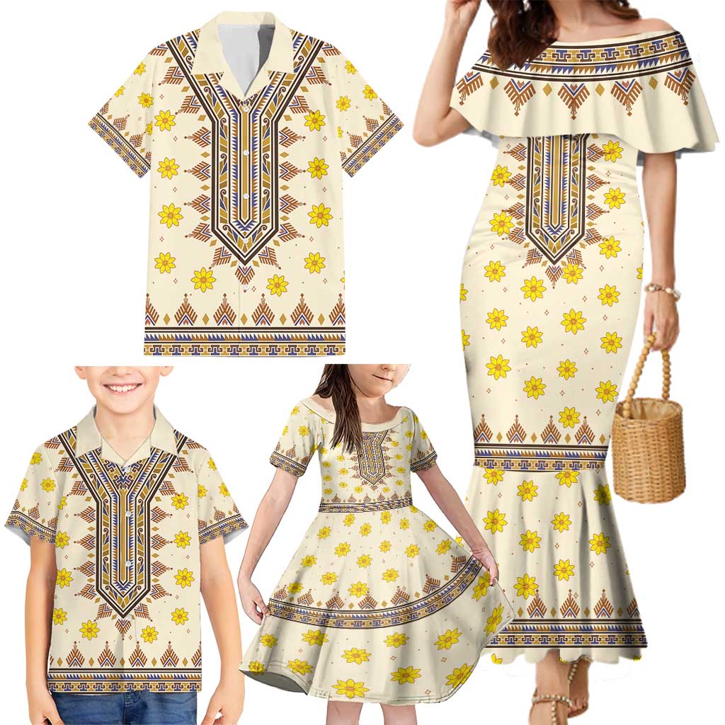 Enkutatash Dashiki Adey Abeba Pattern Family Matching Mermaid Dress and Hawaiian Shirt - Wonder Print Shop