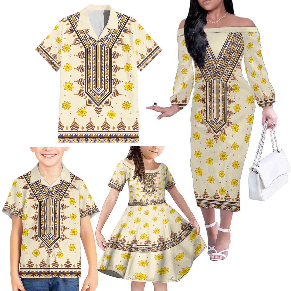 Enkutatash Dashiki Adey Abeba Pattern Family Matching Off The Shoulder Long Sleeve Dress and Hawaiian Shirt - Wonder Print Shop