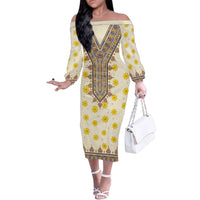 Enkutatash Dashiki Adey Abeba Pattern Family Matching Off The Shoulder Long Sleeve Dress and Hawaiian Shirt - Wonder Print Shop