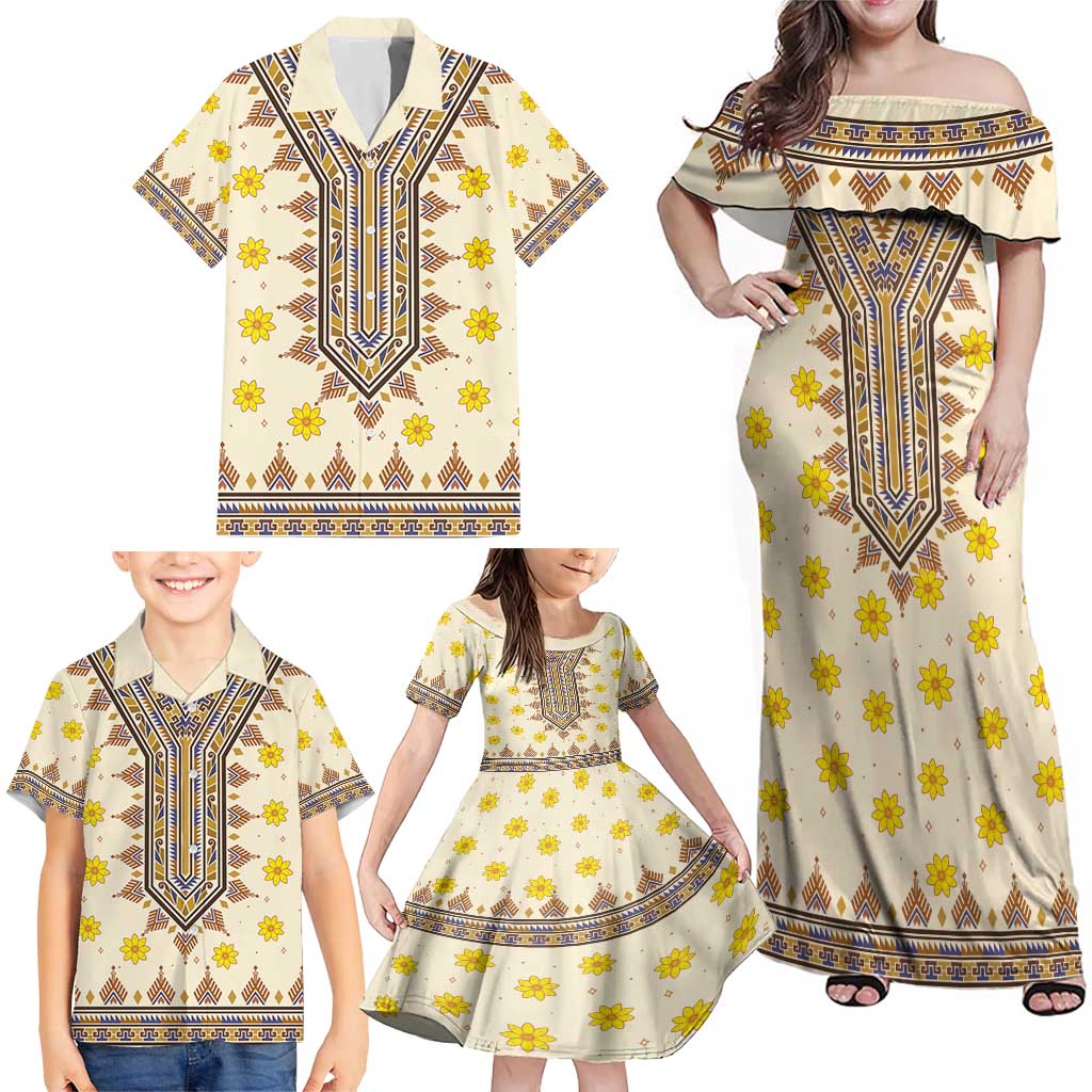 Enkutatash Dashiki Adey Abeba Pattern Family Matching Off Shoulder Maxi Dress and Hawaiian Shirt - Wonder Print Shop