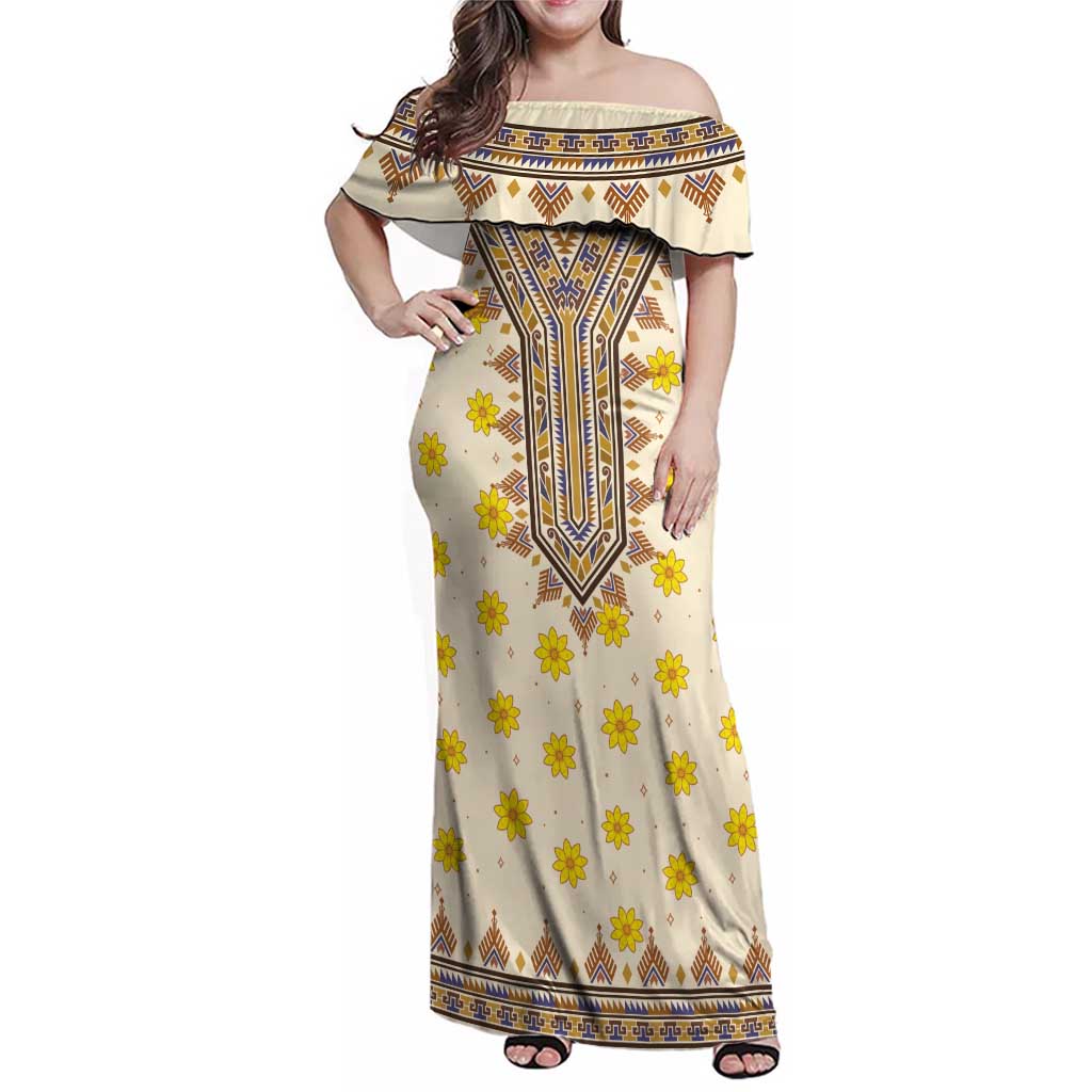 Enkutatash Dashiki Adey Abeba Pattern Family Matching Off Shoulder Maxi Dress and Hawaiian Shirt - Wonder Print Shop