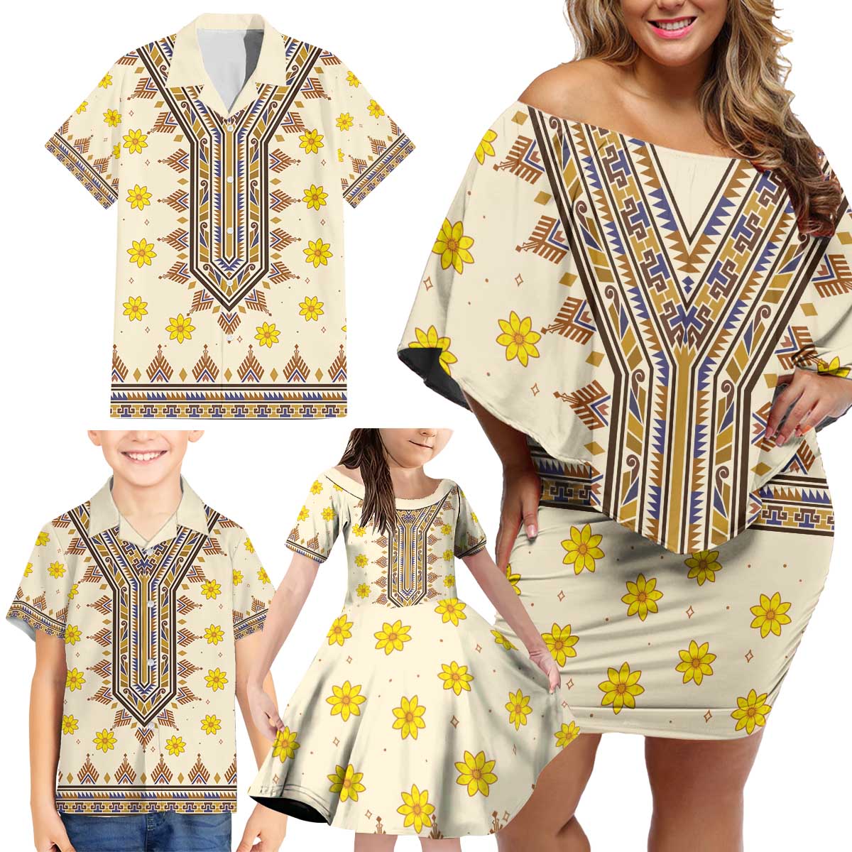 Enkutatash Dashiki Adey Abeba Pattern Family Matching Off Shoulder Short Dress and Hawaiian Shirt - Wonder Print Shop