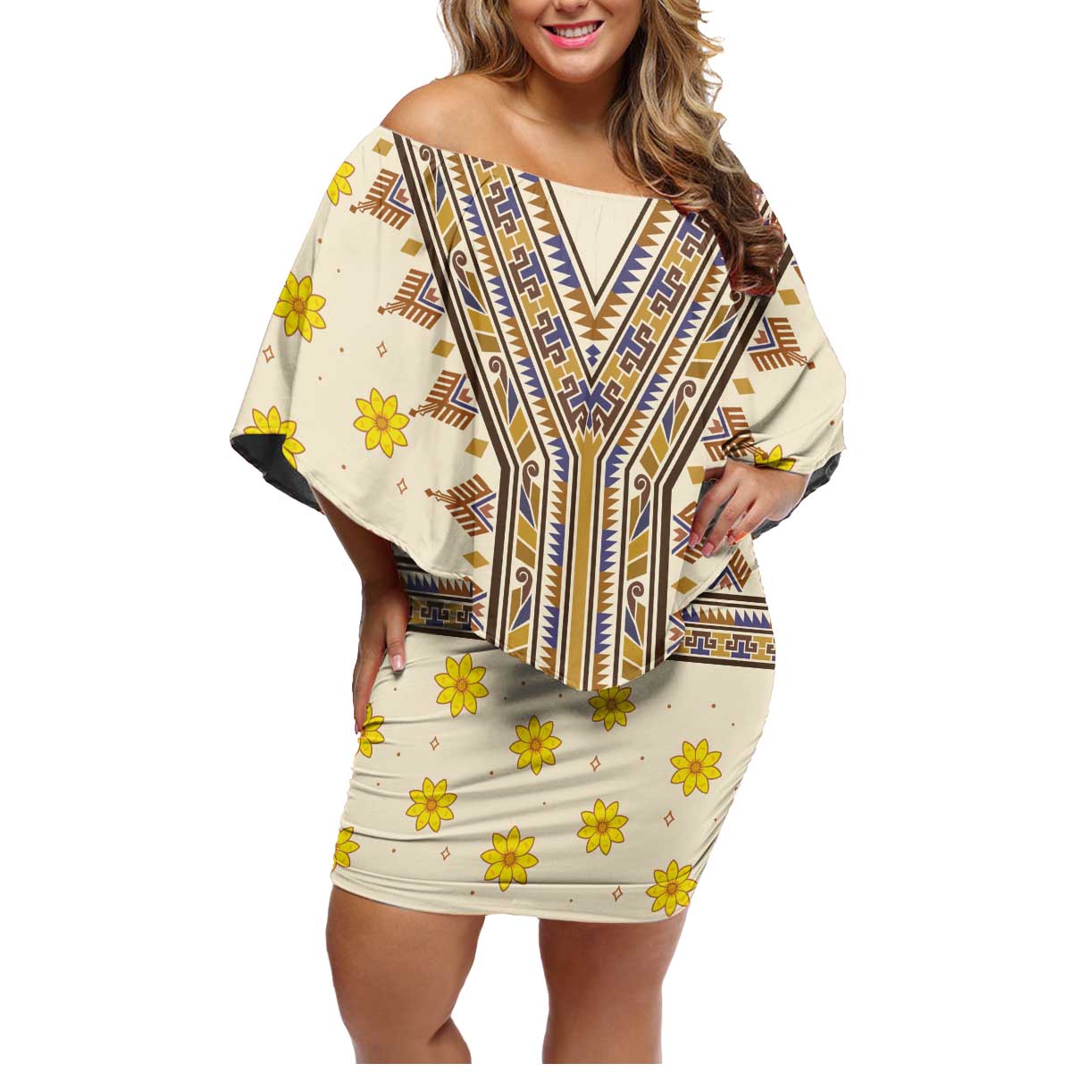 Enkutatash Dashiki Adey Abeba Pattern Family Matching Off Shoulder Short Dress and Hawaiian Shirt - Wonder Print Shop