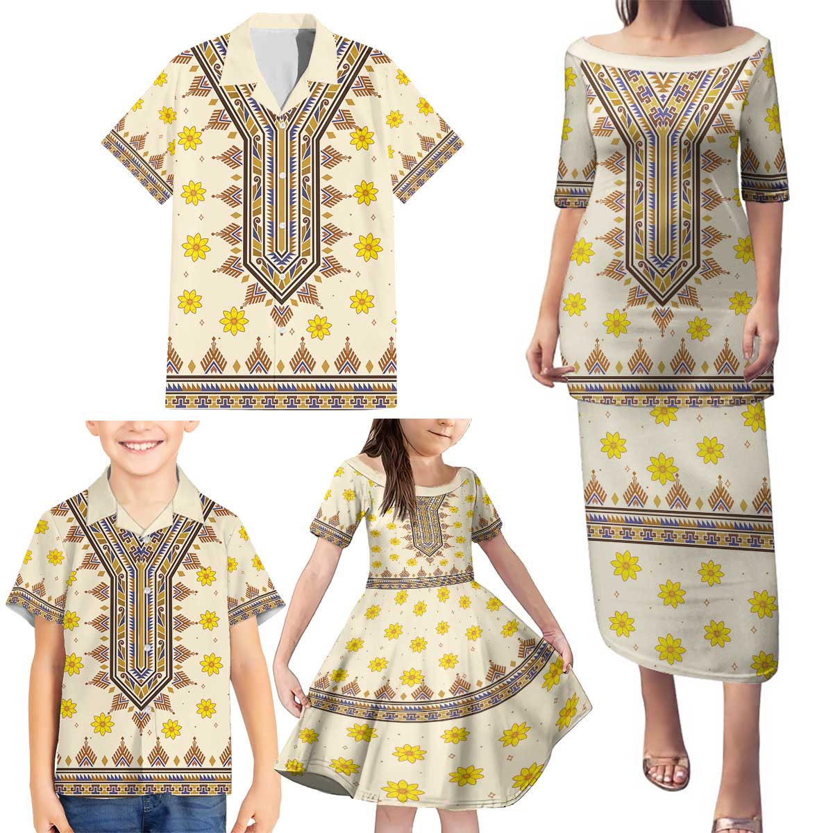 Enkutatash Dashiki Adey Abeba Pattern Family Matching Puletasi and Hawaiian Shirt - Wonder Print Shop