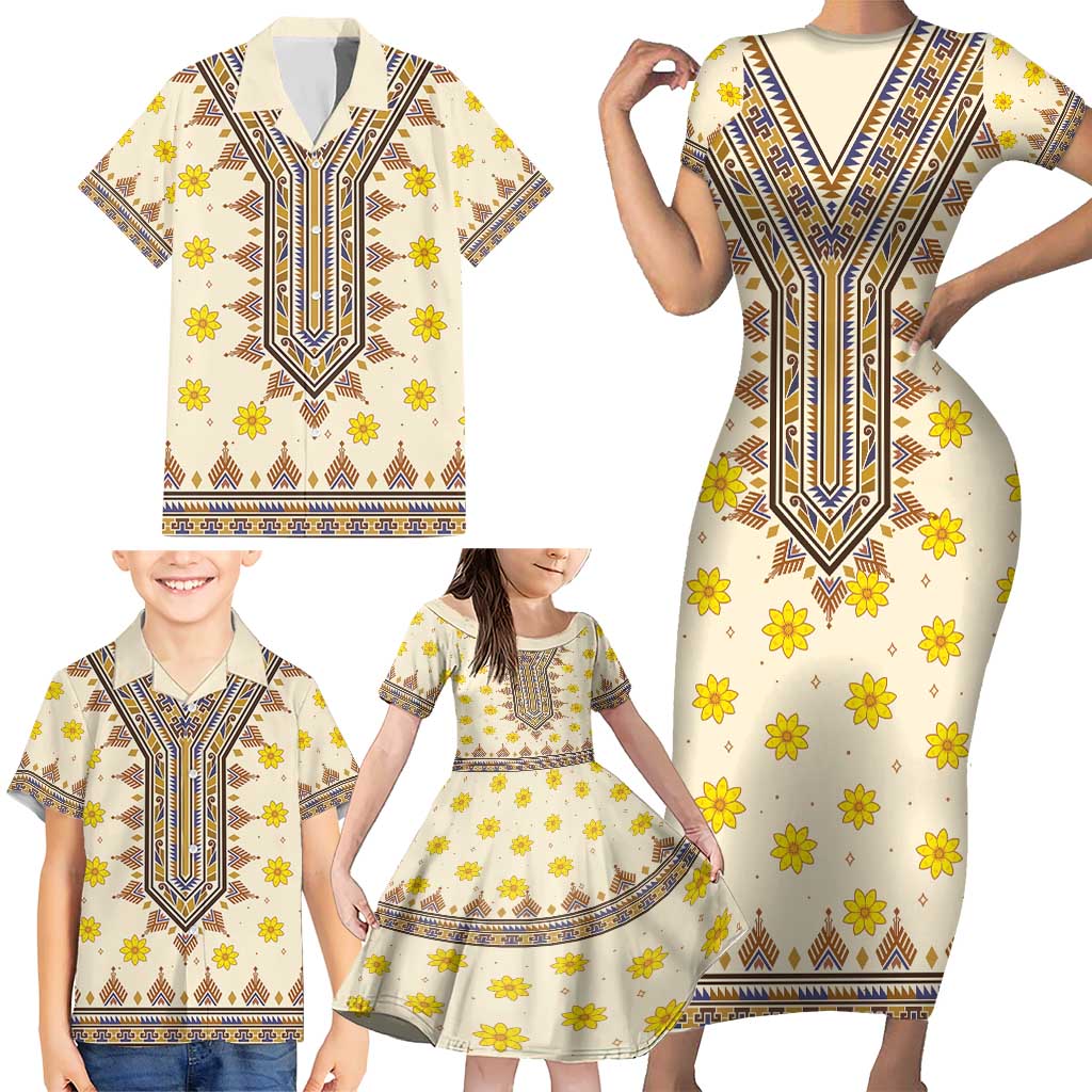 Enkutatash Dashiki Adey Abeba Pattern Family Matching Short Sleeve Bodycon Dress and Hawaiian Shirt - Wonder Print Shop