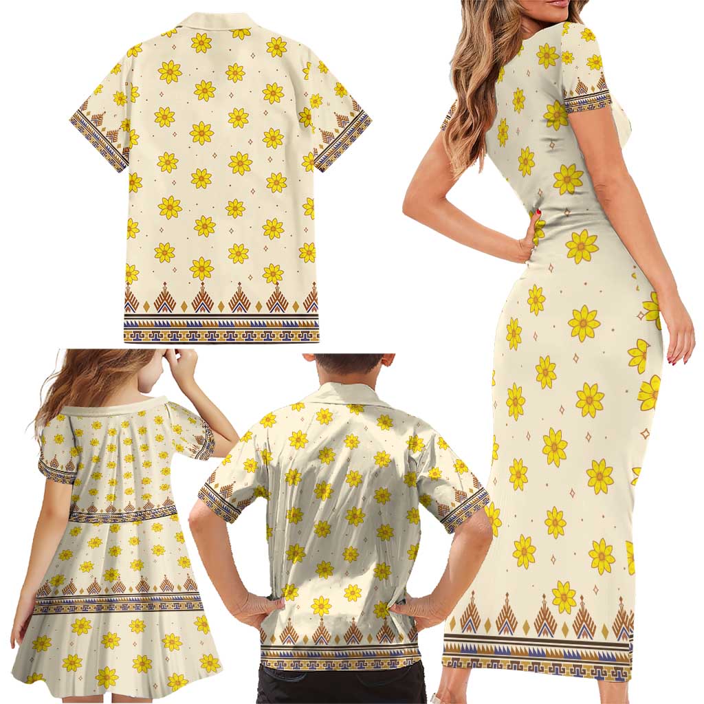 Enkutatash Dashiki Adey Abeba Pattern Family Matching Short Sleeve Bodycon Dress and Hawaiian Shirt - Wonder Print Shop