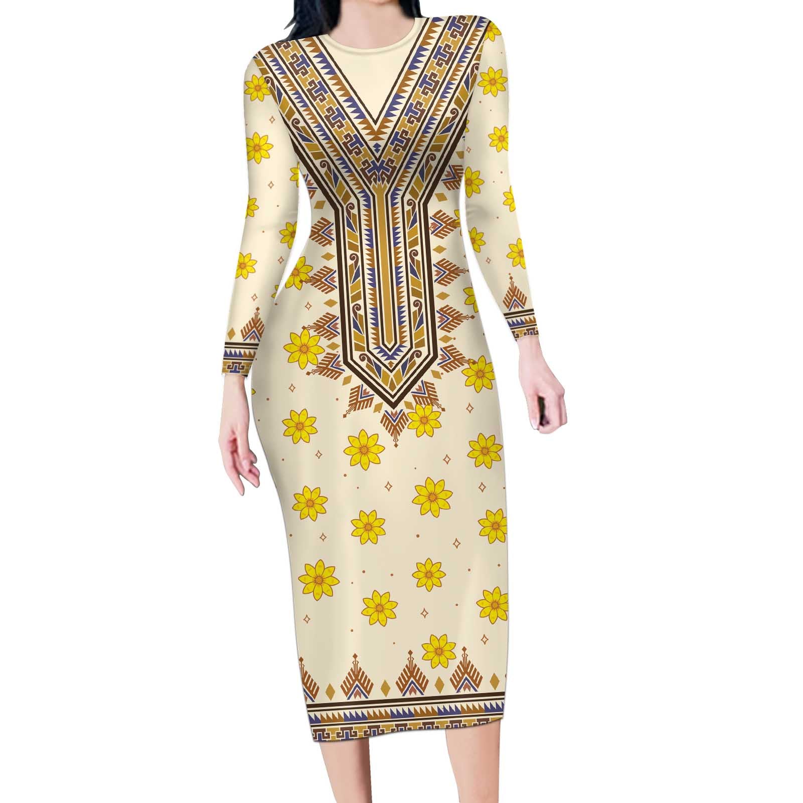 Enkutatash Dashiki Adey Abeba Pattern Long Sleeve Bodycon Dress - Wonder Print Shop