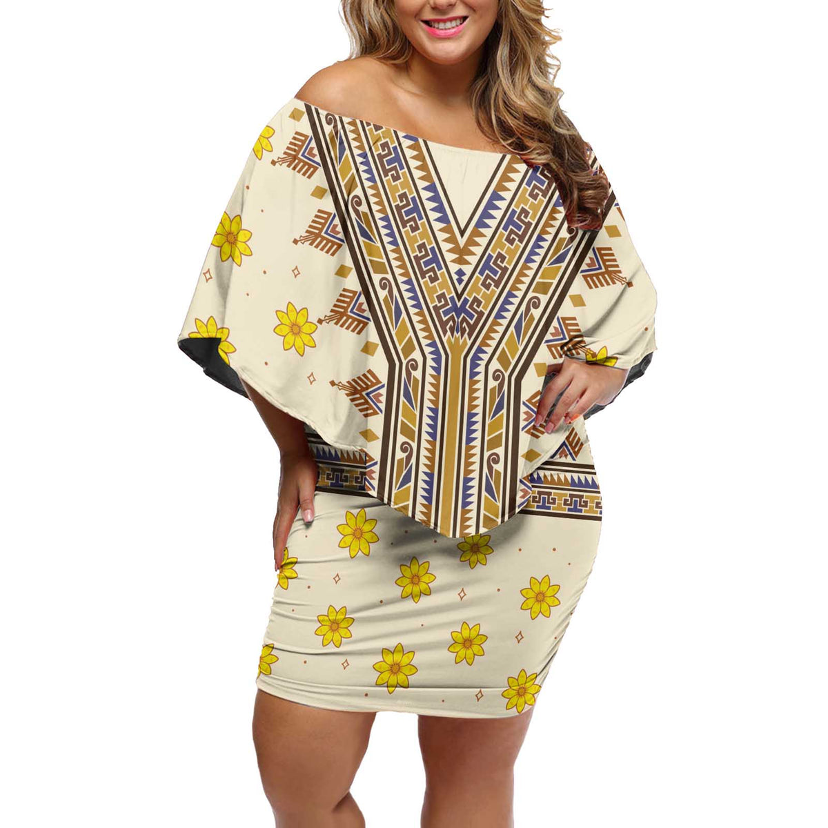 Enkutatash Dashiki Adey Abeba Pattern Off Shoulder Short Dress - Wonder Print Shop
