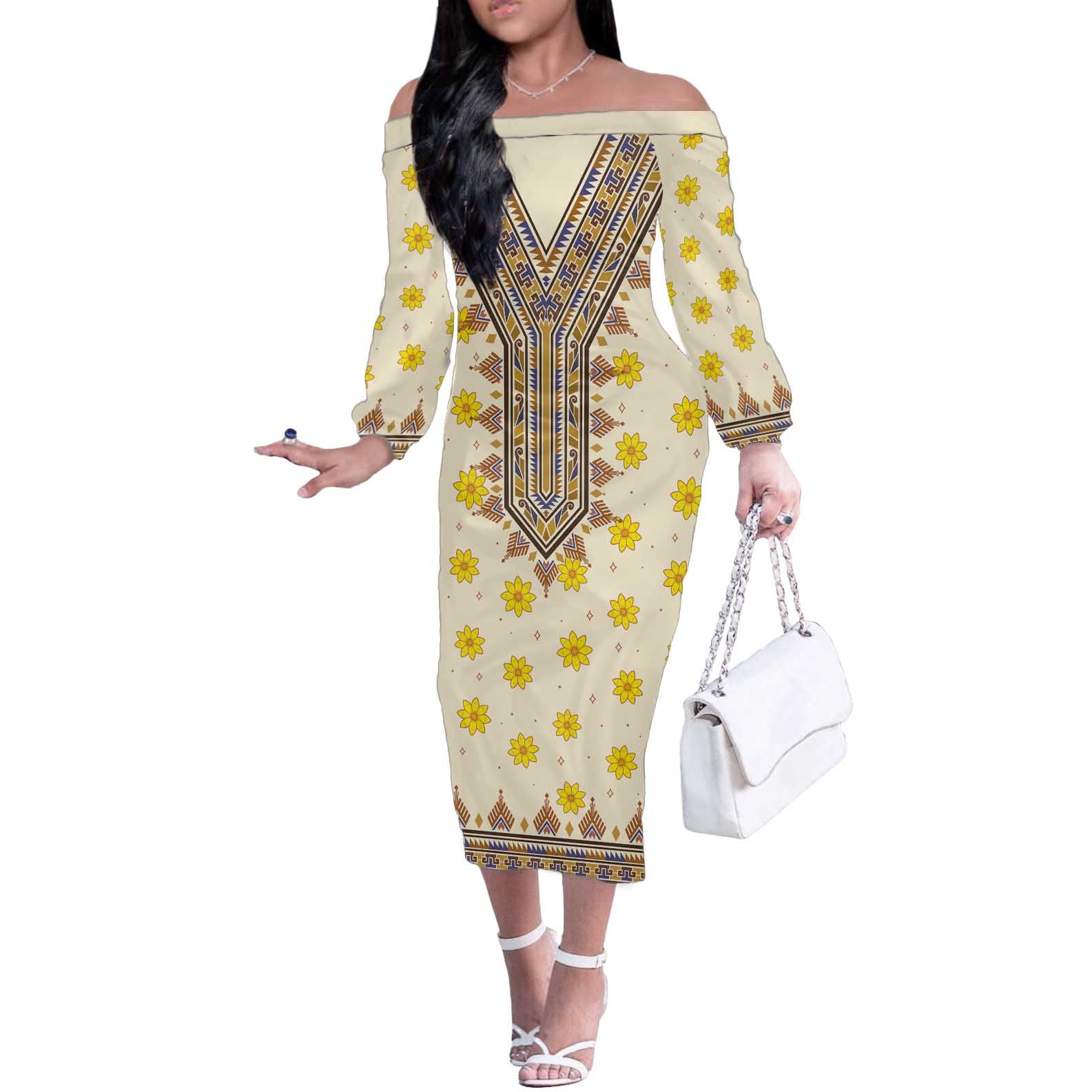 Enkutatash Dashiki Adey Abeba Pattern Off The Shoulder Long Sleeve Dress - Wonder Print Shop