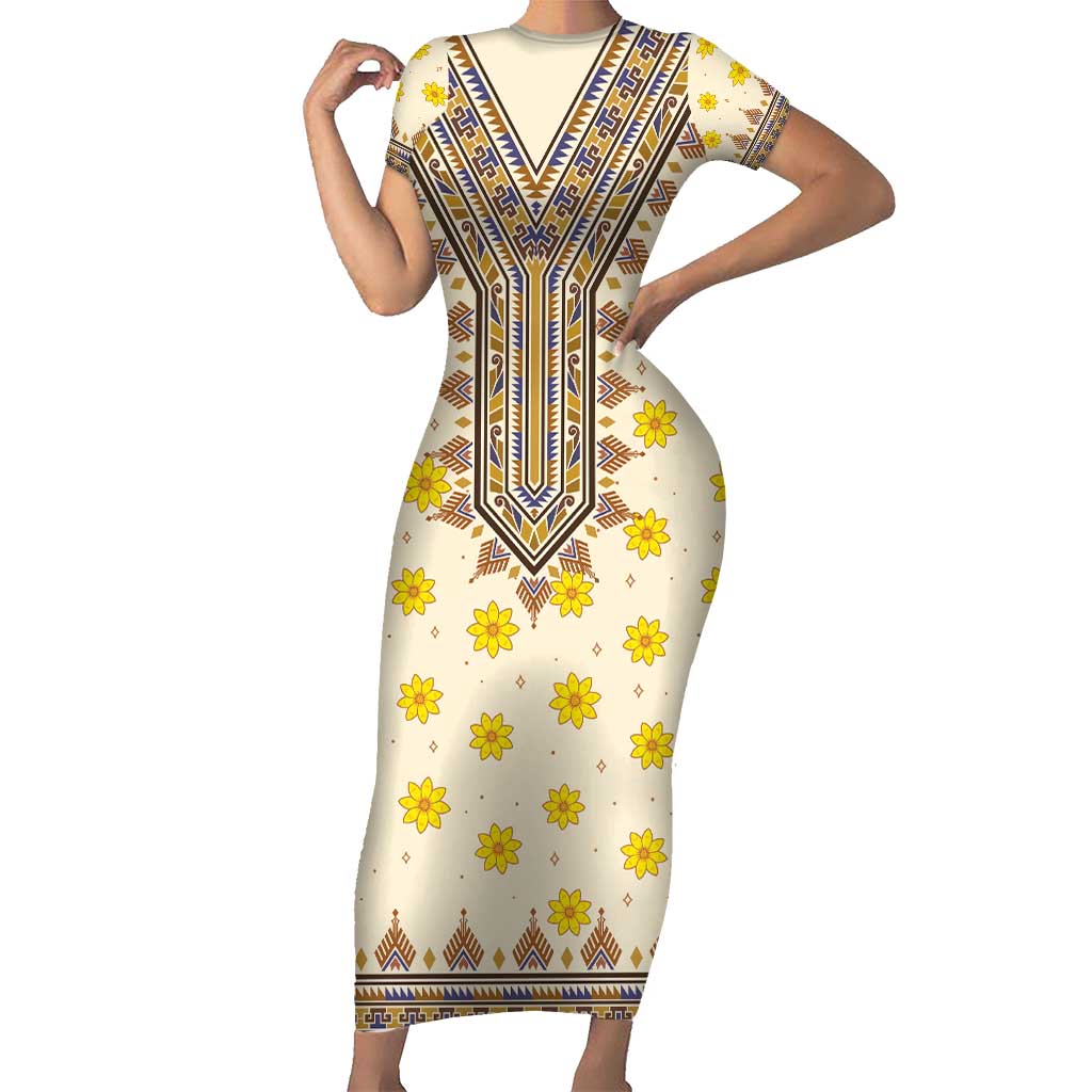 Enkutatash Dashiki Adey Abeba Pattern Short Sleeve Bodycon Dress - Wonder Print Shop