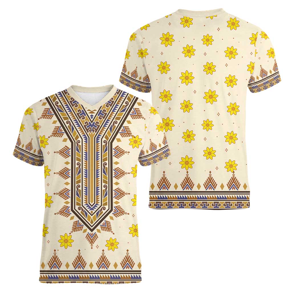 Enkutatash Dashiki Adey Abeba Pattern Women V-Neck T-Shirt - Wonder Print Shop