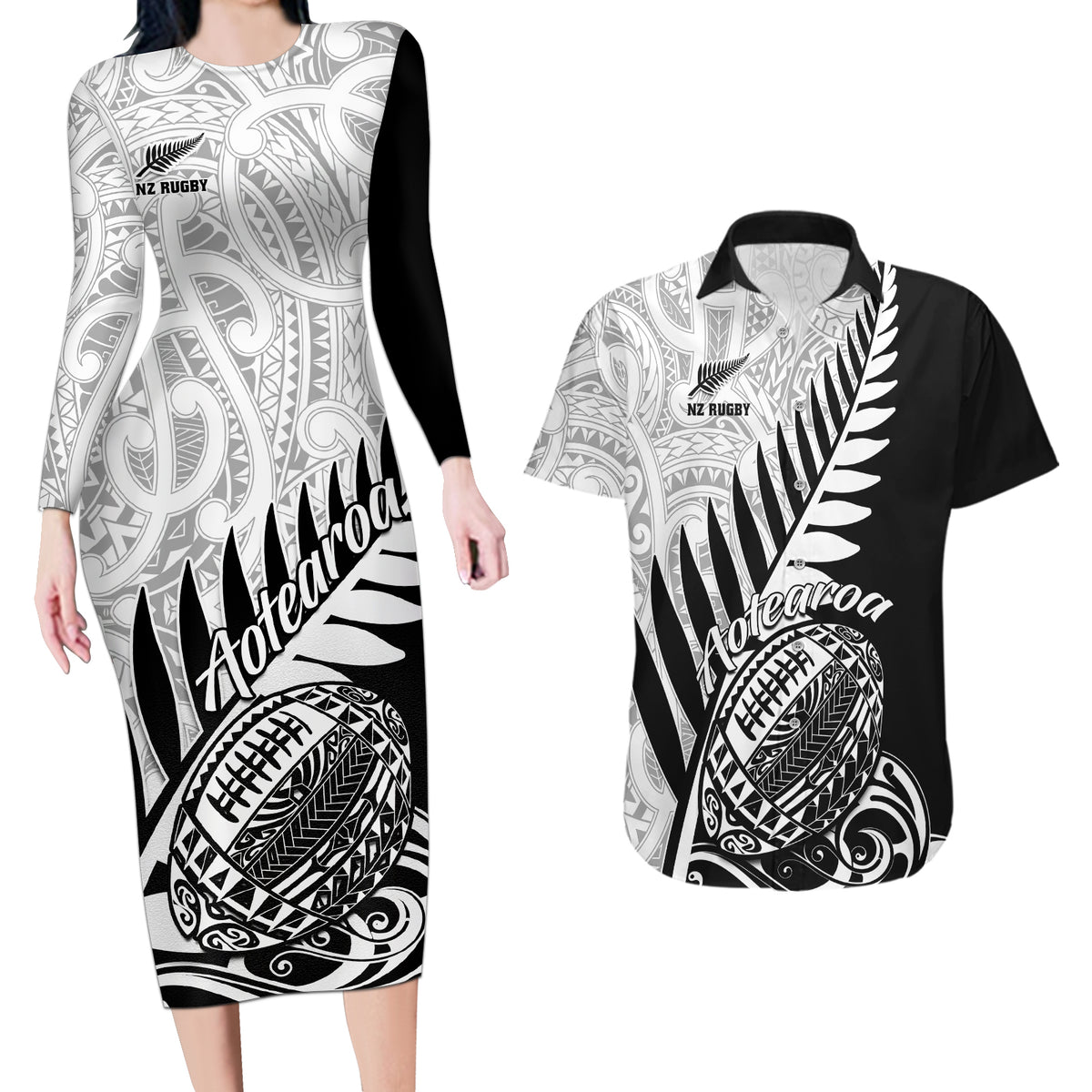 New Zealand Silver Fern Rugby Couples Matching Long Sleeve Bodycon Dress and Hawaiian Shirt Aotearoa Maori Black Version - Wonder Print Shop
