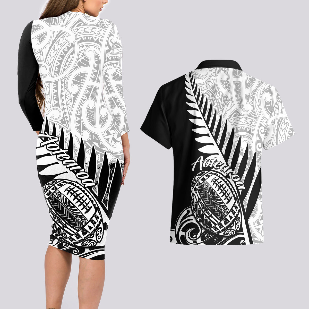 New Zealand Silver Fern Rugby Couples Matching Long Sleeve Bodycon Dress and Hawaiian Shirt Aotearoa Maori Black Version - Wonder Print Shop
