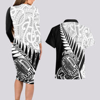 New Zealand Silver Fern Rugby Couples Matching Long Sleeve Bodycon Dress and Hawaiian Shirt Aotearoa Maori Black Version - Wonder Print Shop