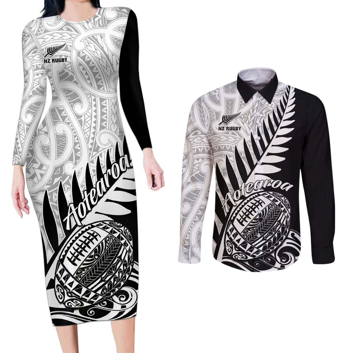 New Zealand Silver Fern Rugby Couples Matching Long Sleeve Bodycon Dress and Long Sleeve Button Shirts Aotearoa Maori Black Version - Wonder Print Shop