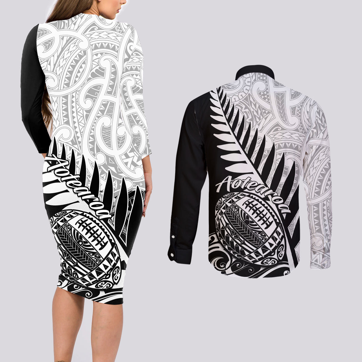 Long sleeve bodycon dress and button shirt set, back view, tribal Aotearoa print, black/white