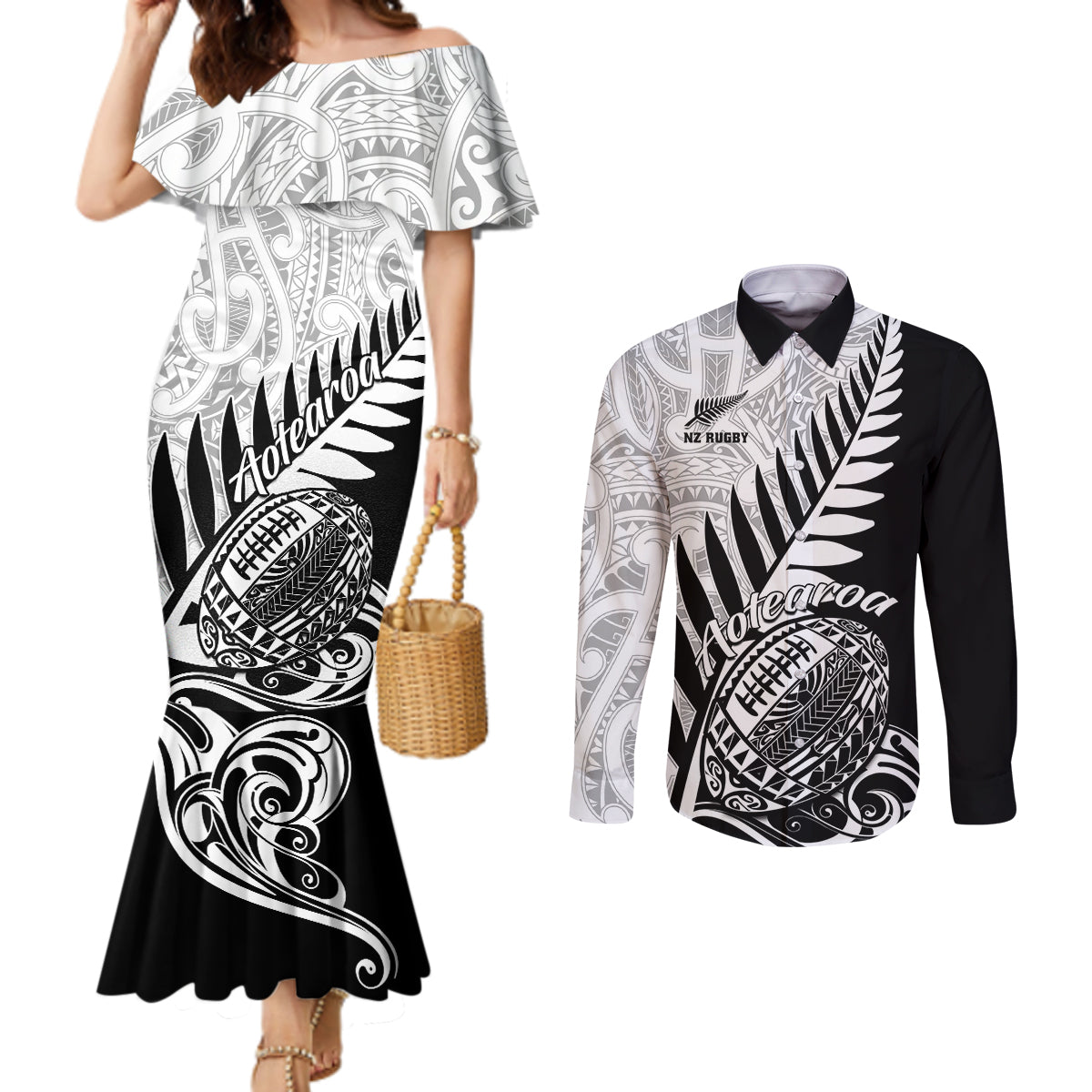 new-zealand-silver-fern-rugby-couples-matching-mermaid-dress-and-long-sleeve-button-shirts-aotearoa-maori-black-version