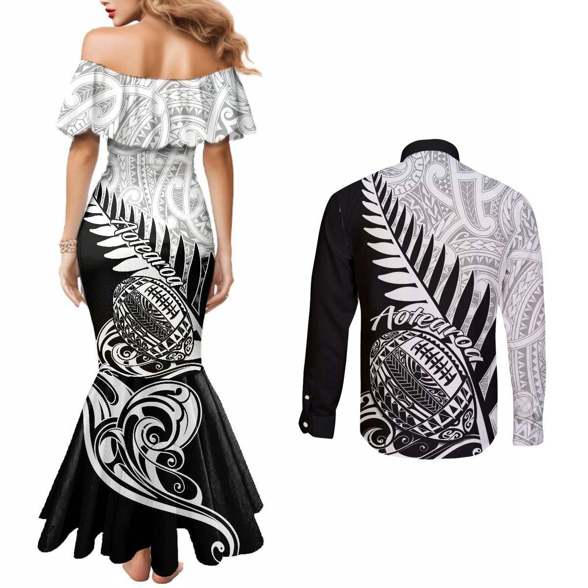 Black and white tribal print off-shoulder mermaid dress and matching long-sleeve shirts