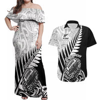 Black off-shoulder maxi dress with Maori-style print and matching black Hawaiian shirt