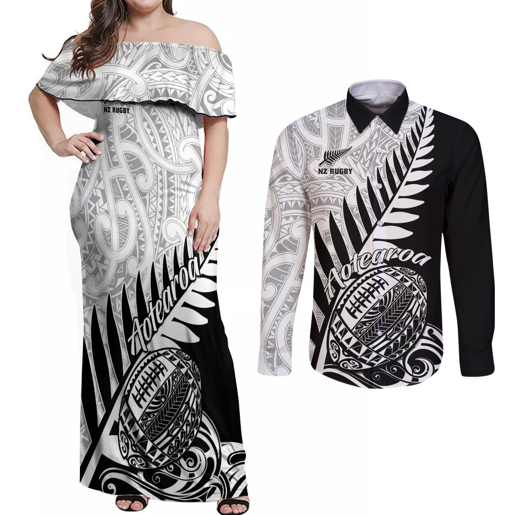 New Zealand Silver Fern Rugby Couples Matching Off Shoulder Maxi Dress and Long Sleeve Button Shirts Aotearoa Maori Black Version - Wonder Print Shop