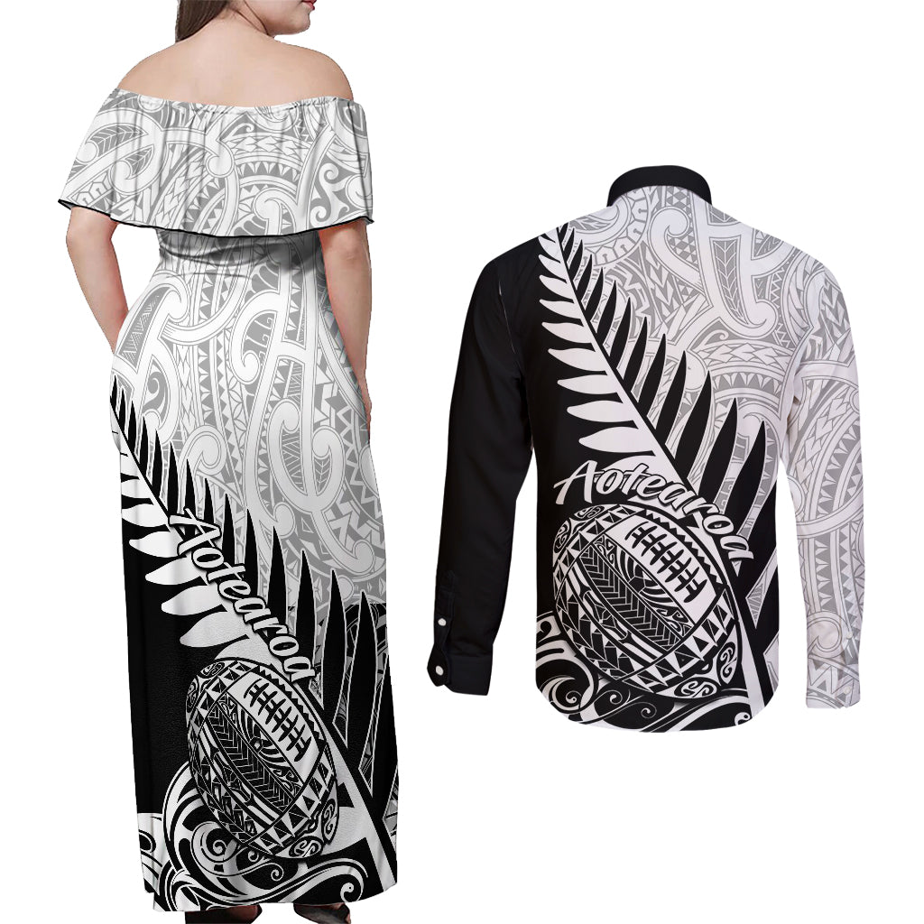 New Zealand Silver Fern Rugby Couples Matching Off Shoulder Maxi Dress and Long Sleeve Button Shirts Aotearoa Maori Black Version - Wonder Print Shop