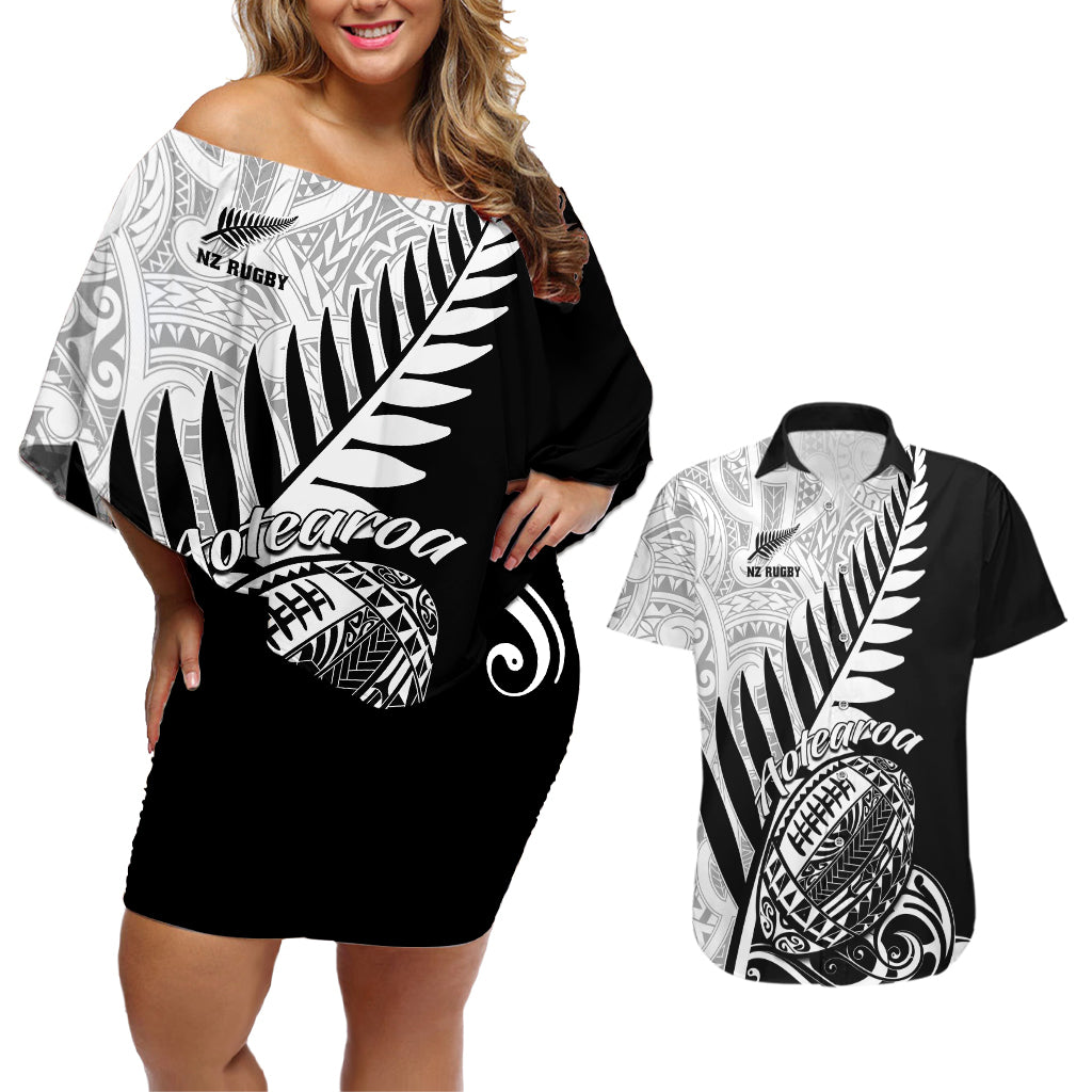 New Zealand Silver Fern Rugby Couples Matching Off Shoulder Short Dress and Hawaiian Shirt Aotearoa Maori Black Version - Wonder Print Shop