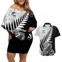 Black off-shoulder short dress with white tribal print and matching Hawaiian shirt set