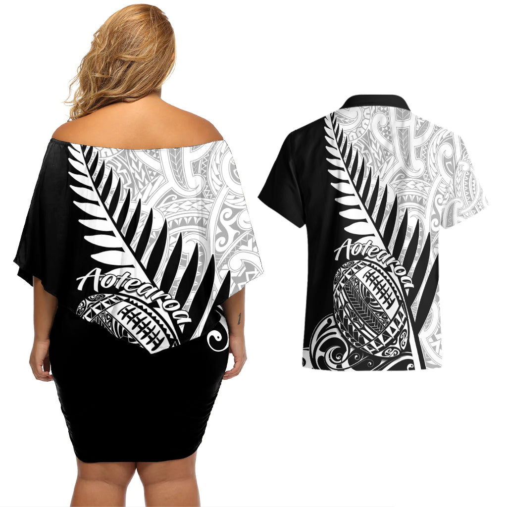 Black off-shoulder short dress and matching Hawaiian shirt with white back tribal print
