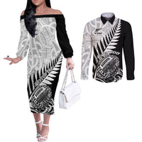 Black off-shoulder long sleeve dress and black button shirt set with Maori fern print