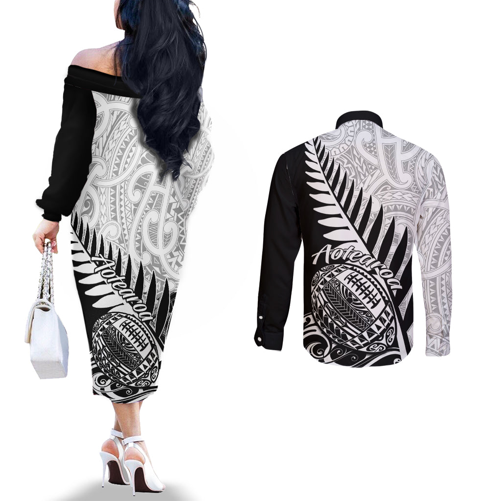 Black off-shoulder long sleeve dress and button shirt with silver fern tribal panel