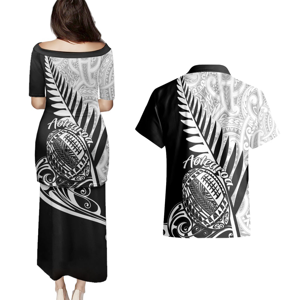 Black rugby style dress and Hawaiian shirt set, back view, white fern and Maori print