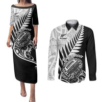 Black matching puletasi dress and button shirts with silver fern tribal print