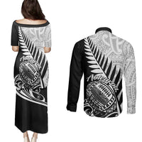 Back view black matching puletasi dress and button shirts with silver fern tribal print