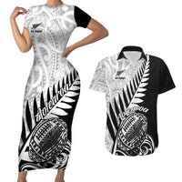 New Zealand Silver Fern Rugby Couples Matching Short Sleeve Bodycon Dress and Hawaiian Shirt Aotearoa Maori Black Version - Wonder Print Shop