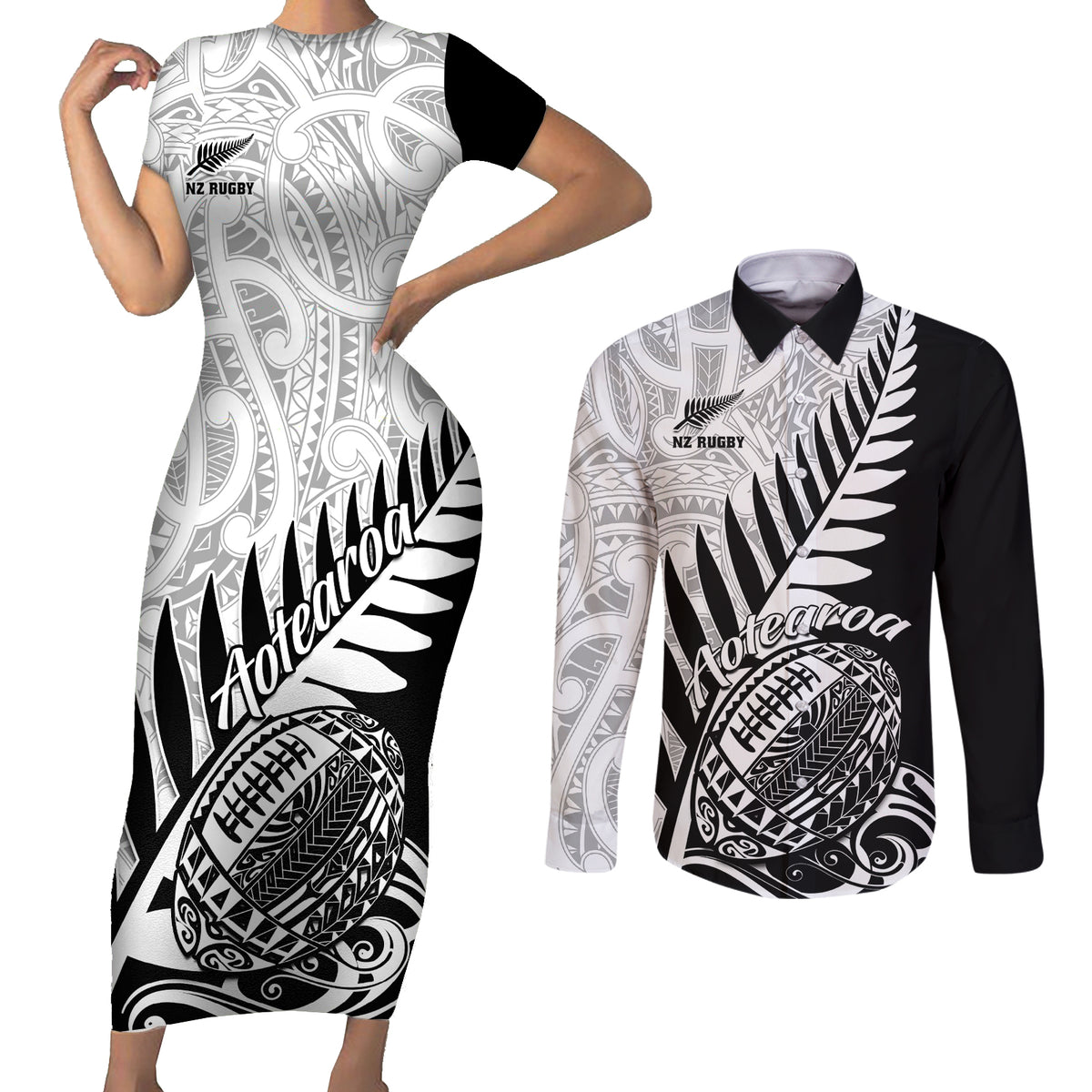 New Zealand Silver Fern Rugby Couples Matching Short Sleeve Bodycon Dress and Long Sleeve Button Shirts Aotearoa Maori Black Version - Wonder Print Shop