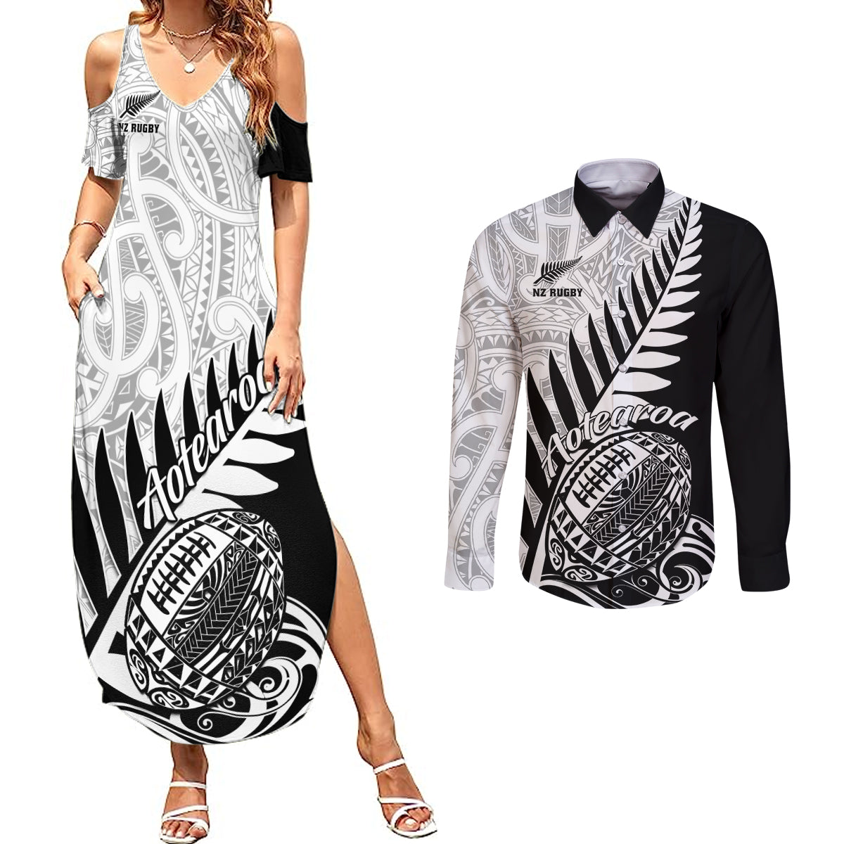 New Zealand Silver Fern Rugby Couples Matching Summer Maxi Dress and Long Sleeve Button Shirts Aotearoa Maori Black Version - Wonder Print Shop