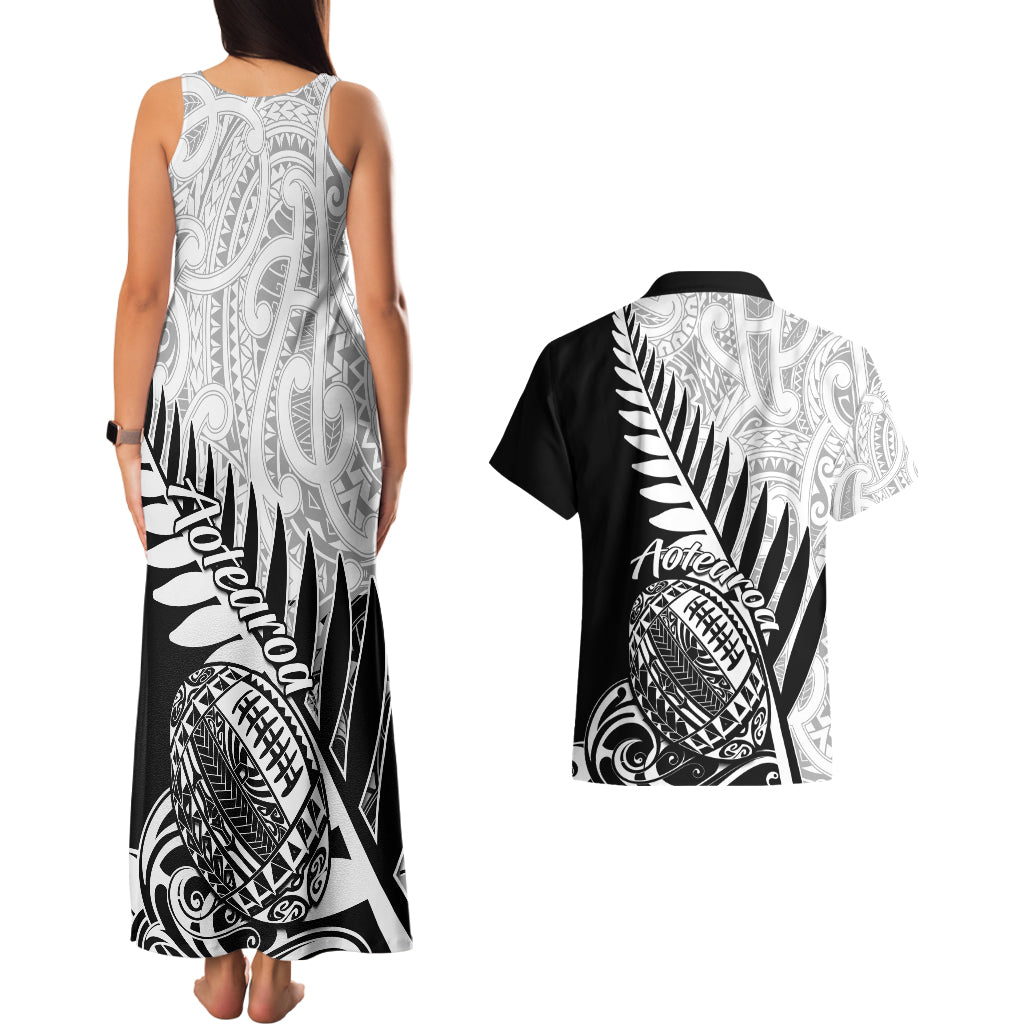 Black sleeveless tank maxi dress back and black Hawaiian shirt back with white fern print