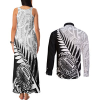 New Zealand Silver Fern Rugby Couples Matching Tank Maxi Dress and Long Sleeve Button Shirts Aotearoa Maori Black Version - Wonder Print Shop
