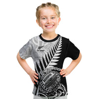 Kids black rugby T-shirt with gray Aotearoa graphic and fern, short sleeves