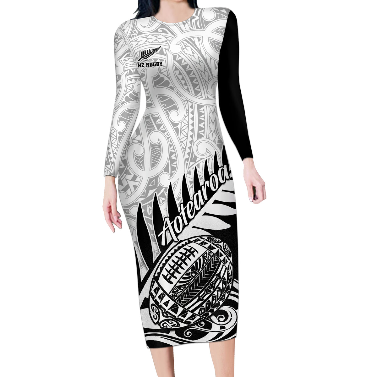 New Zealand Silver Fern Rugby Long Sleeve Bodycon Dress Aotearoa Maori Black Version - Wonder Print Shop