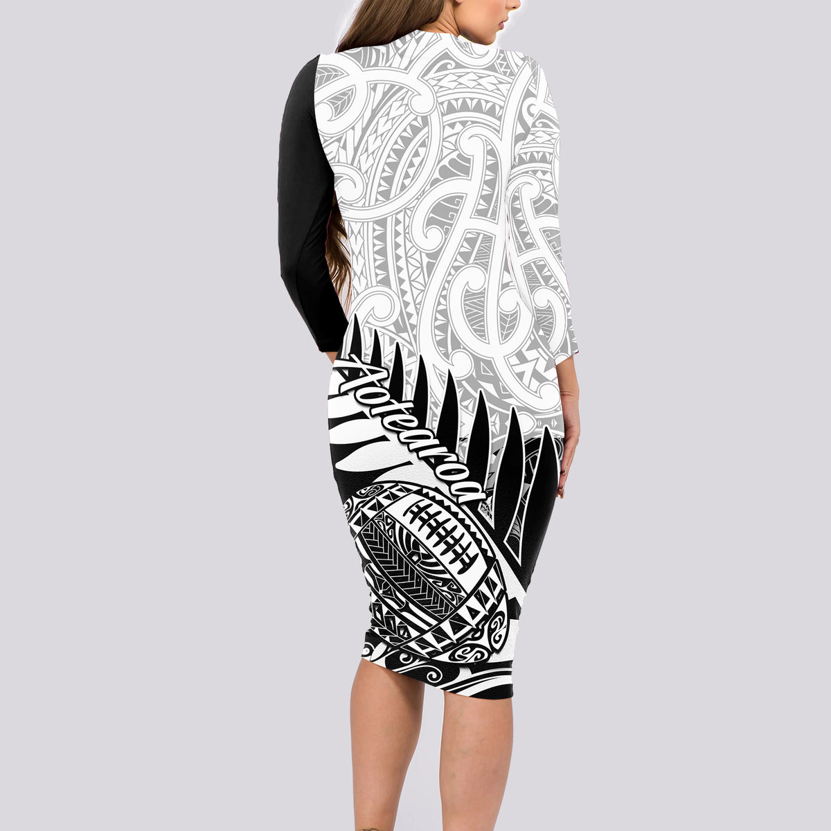 Black and white long-sleeve bodycon rugby dress with side tribal motif