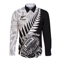 Rugby long sleeve button shirt with black sleeves and white Maori-style tribal print