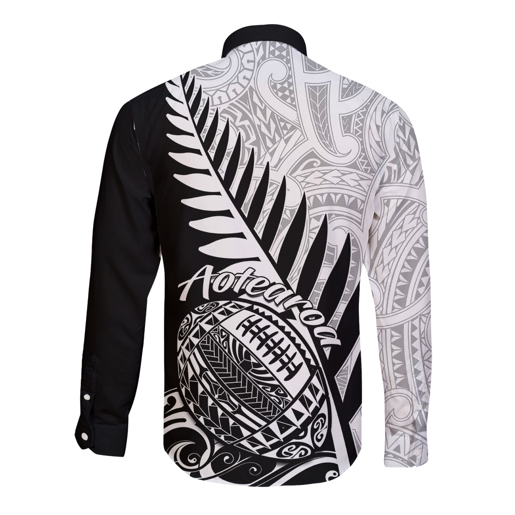 Rugby long sleeve button shirt, black-and-white back with fern and Aotearoa text