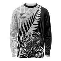 Unisex black long-sleeve rugby shirt with white fern, Aotearoa print and tribal patterns