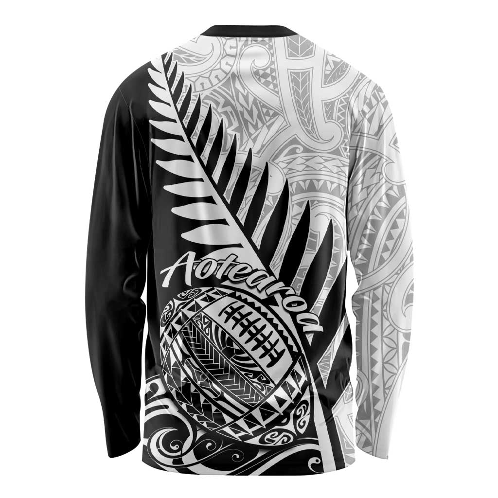 Unisex long-sleeve rugby shirt back with white fern and tribal ball graphic on black