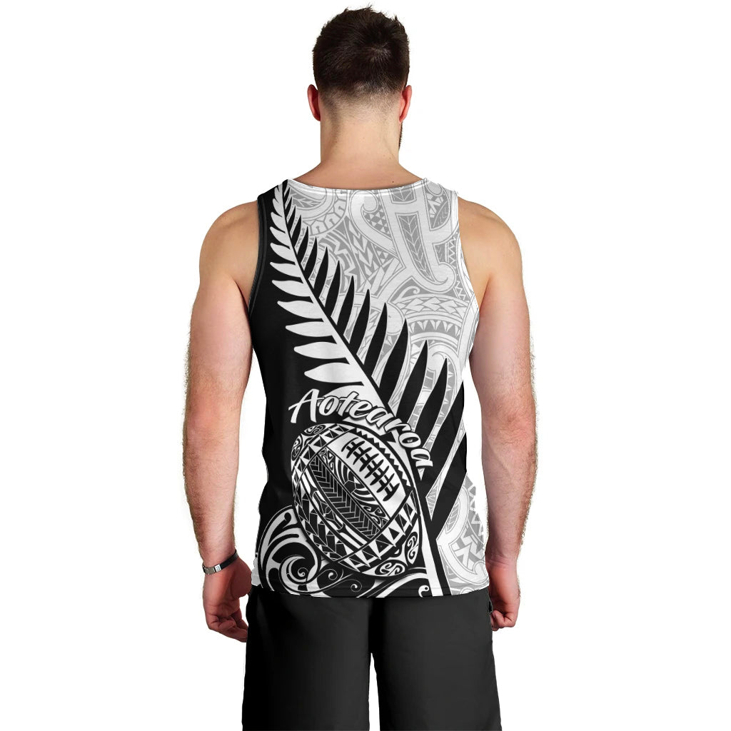Men's black rugby tank top, back graphic with fern leaf and Aotearoa text