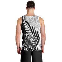 Men's black rugby tank top, back graphic with fern leaf and Aotearoa text