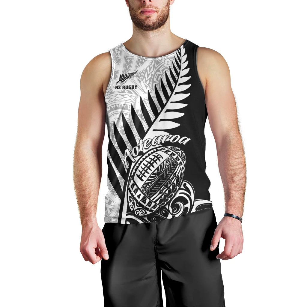 Men's black rugby tank top with large shield and Aotearoa lettering