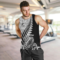 Men's black rugby tank top with white Aotearoa shield and fern print